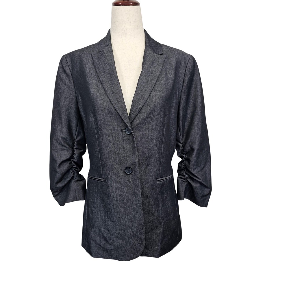 Calvin Klein Blazer Womens 6 Gray Two Button Ruched 3/4 Sleeve Suit Jacket Lined